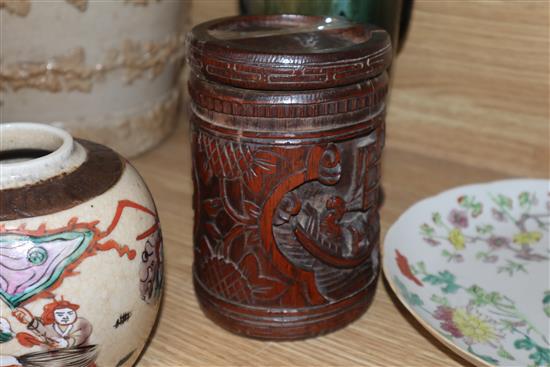 A group of Chinese porcelain, a bamboo brushpot etc